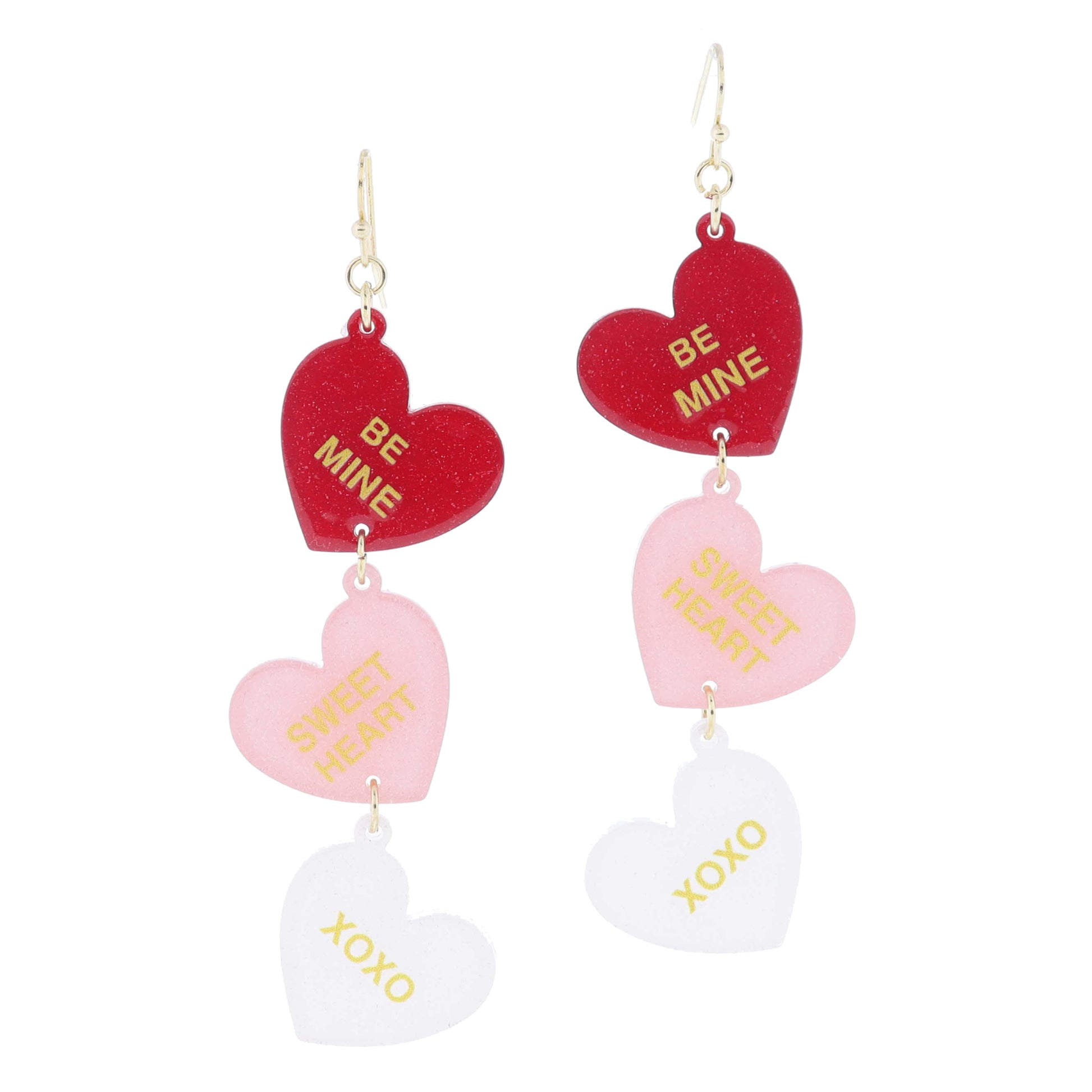 Red Glitter "BE MINE" Heart, Pink Glitter "SWEET HEART" Heart, White Glitter "XOXO" Heart Earrings