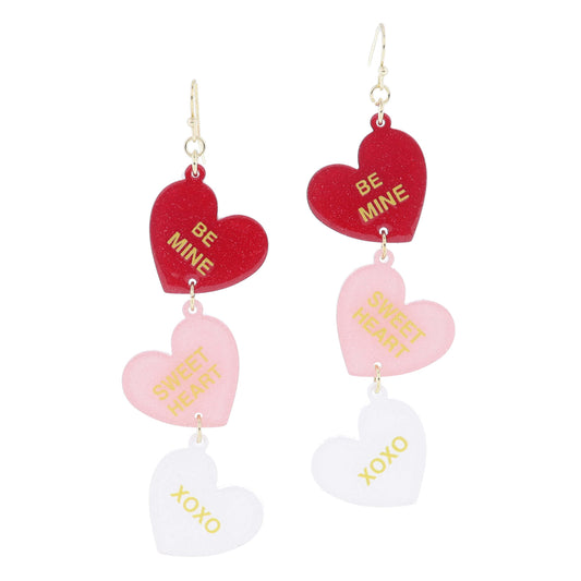 Red Glitter "BE MINE" Heart, Pink Glitter "SWEET HEART" Heart, White Glitter "XOXO" Heart Earrings