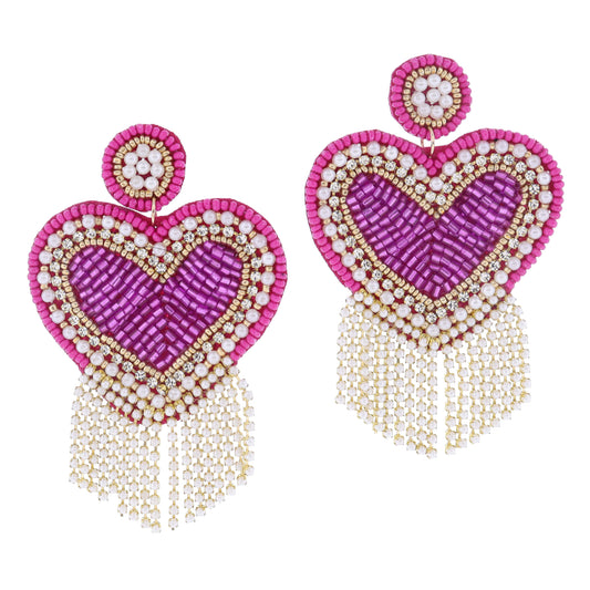 Fuchsia, Pearl, Crystal Beaded Post and Heart with Pearl Tassel Fringe Earrings, 3.5" Top to Bottom