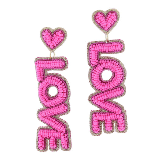 Hot Pink Beaded Heart Post and "LOVE" Earrings, 3.15" Top to Bottom