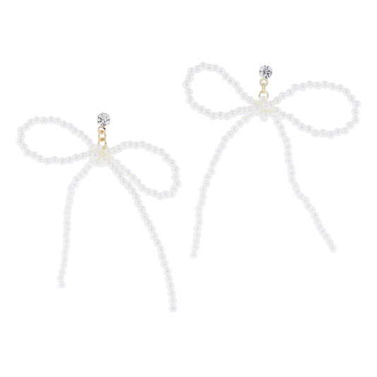 Mini Clear Crystal Post and Thin Pearl Beaded Bow Earrings