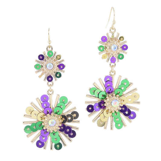 Gold Sunbursts with Purple, Green, Gold Sequins & Gold Textured AB Center Crystals Earrings