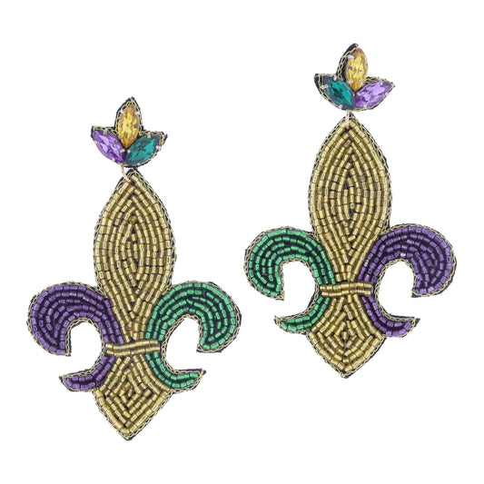 Purple, Gold, Green Crystal Post and Beaded Fleur De Lis Earrings