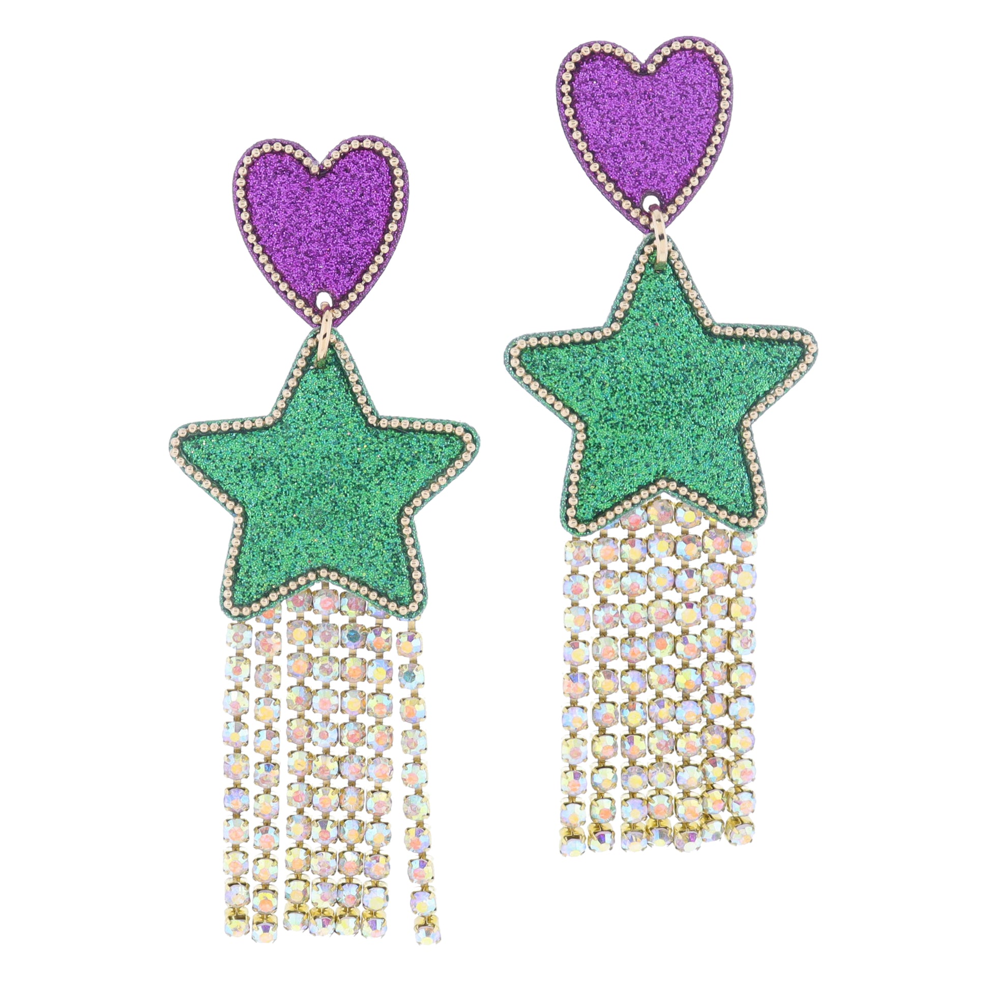 Purple Glitter Heart Post and Green Glitter Star with AB Crystal Fringe Earrings