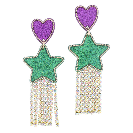 Purple Glitter Heart Post and Green Glitter Star with AB Crystal Fringe Earrings