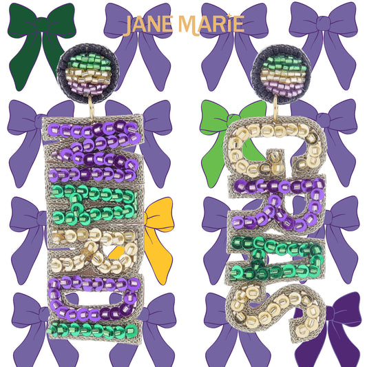 Green, Gold, Purple Beaded and Sequin Posts with "MARDI GRAS" Earrings