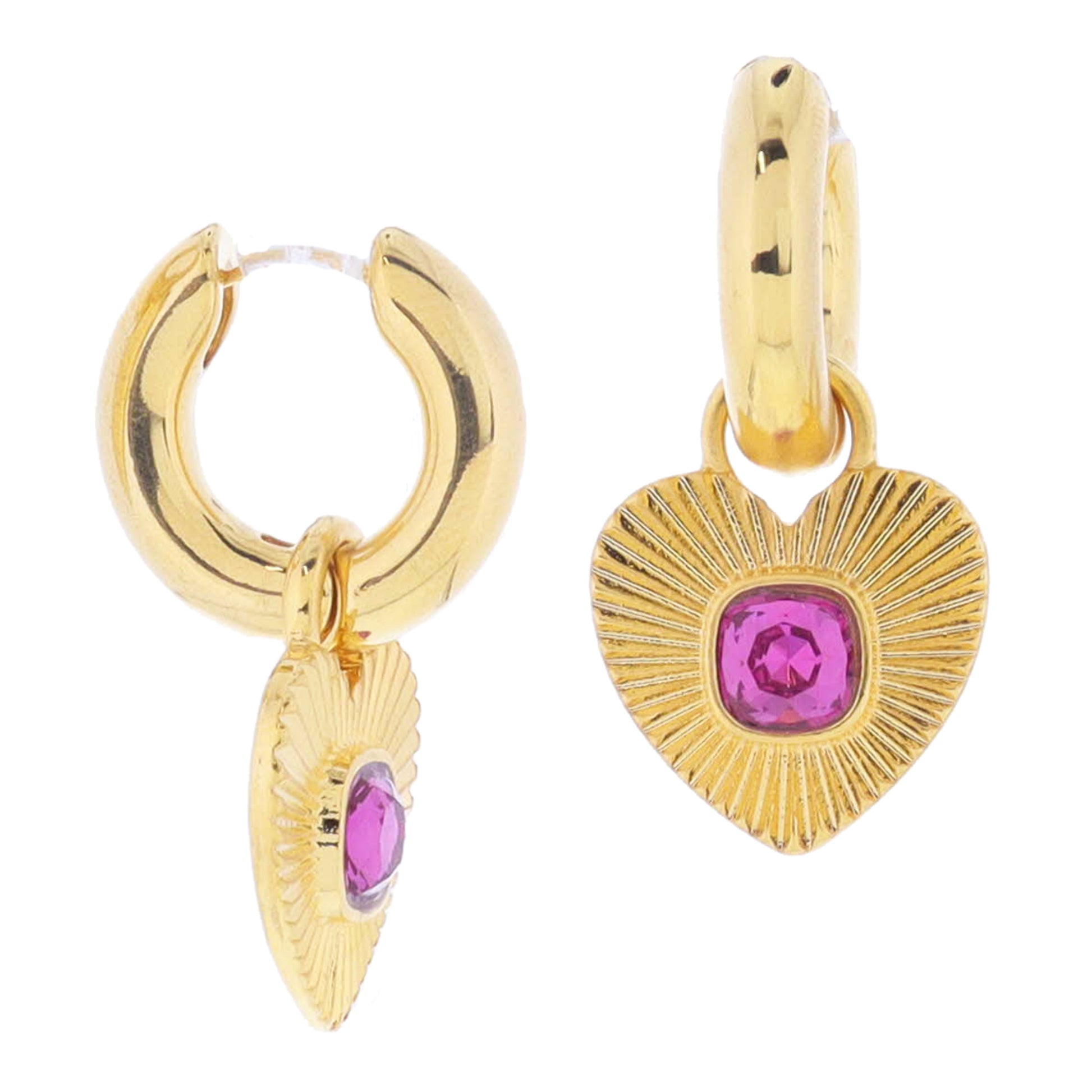 18K Gold Plated Tubular Hoop with Starburst Textured Heart and Fuchsia Cushion Crystal Earrings