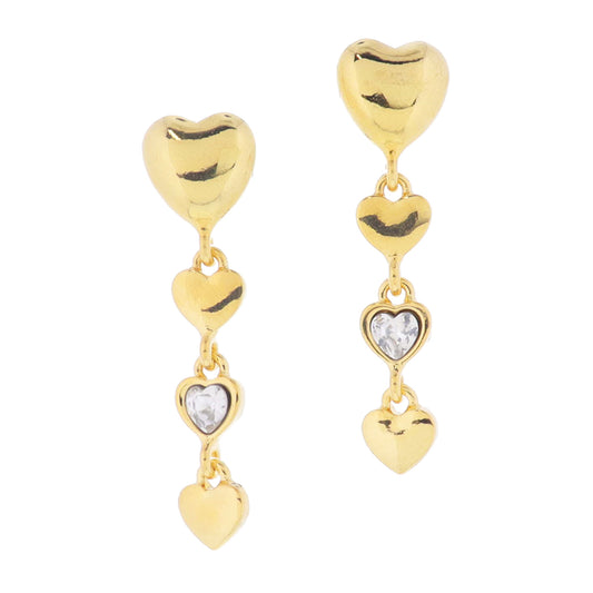 18K Gold Plated Heart Post with Tiered Hearts and Clear Crystal Heart Accent Earrings