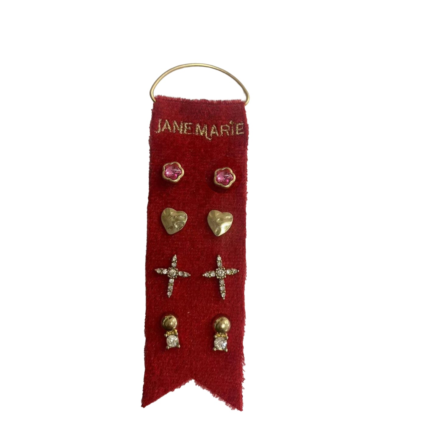 4 Stud Set, Fuchsia Flower Crystal Bezel, Gold Heart, Ball & Crystal, Crystal Cross Earrings