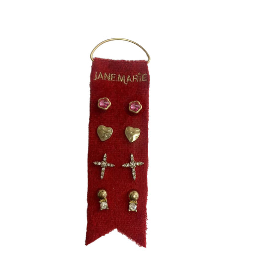 4 Stud Set, Fuchsia Flower Crystal Bezel, Gold Heart, Ball & Crystal, Crystal Cross Earrings