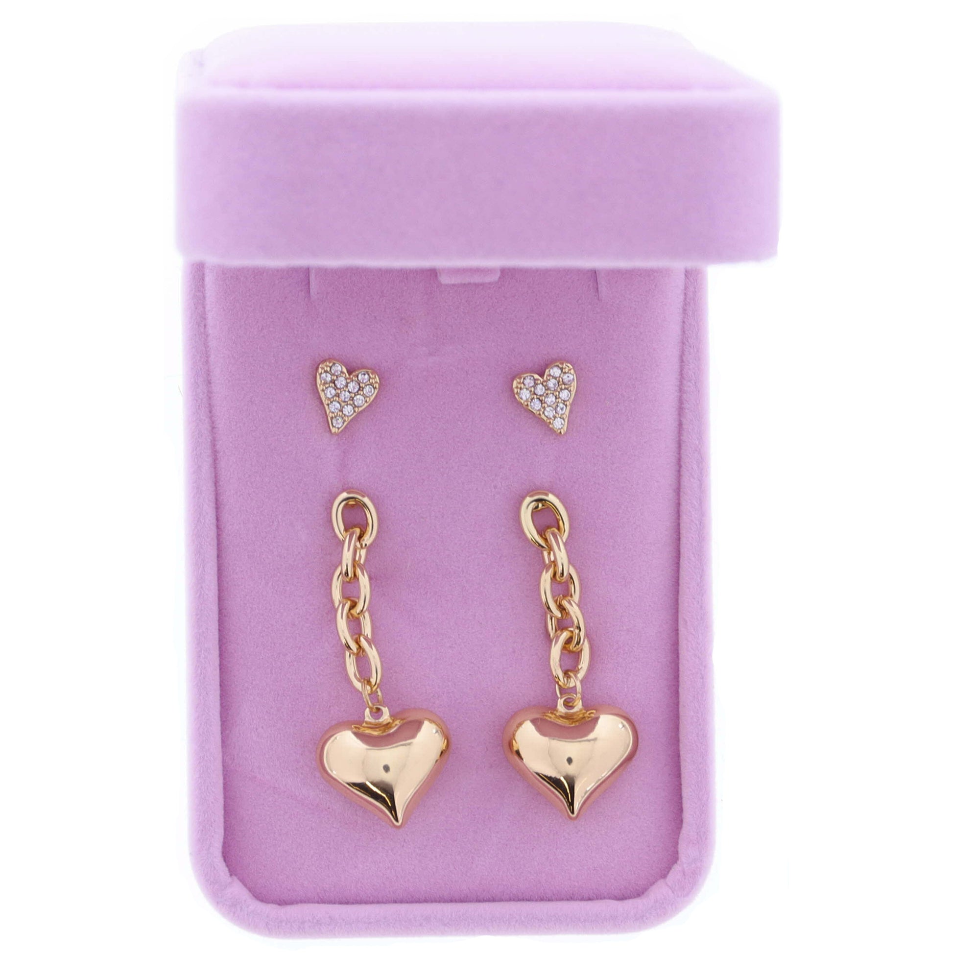 Set of 2, Clear Pave Crystal Stud, Gold Chain Drop with 3D Gold Heart Earrings