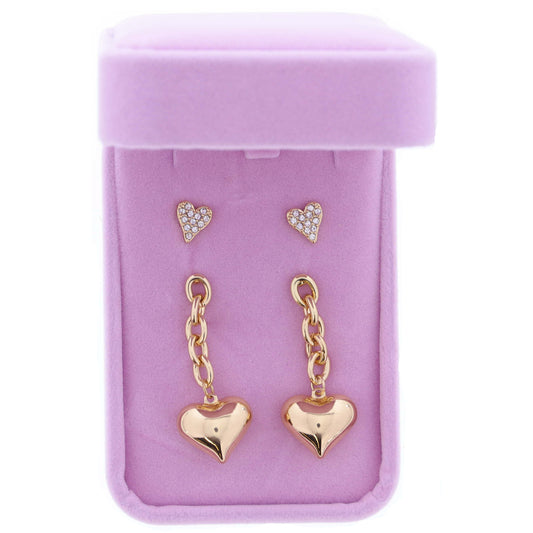 Set of 2, Clear Pave Crystal Stud, Gold Chain Drop with 3D Gold Heart Earrings