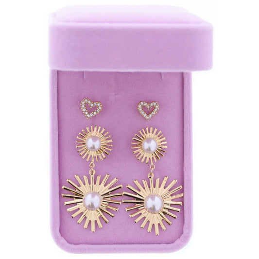 Set of 2, Open Crystal Heart Stud, Wavy Gold Sunburst Post & Heart with Pearl Centers Earrings