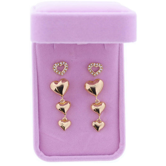 Set of 2, Open Clear Crystal Heart Stud, Tierred 3D Gold Hearts Earrings