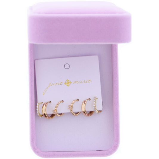 Set of 3, Gold Ball Huggie with Crystal Accent, Gold Huggie, Crystal Horseshoe Huggie Earrings