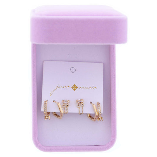 Set of 3, Clear Crystal with Loop Chain, Hexagon Huggie, Crystal Huggie wth Crystal Heart Earrings