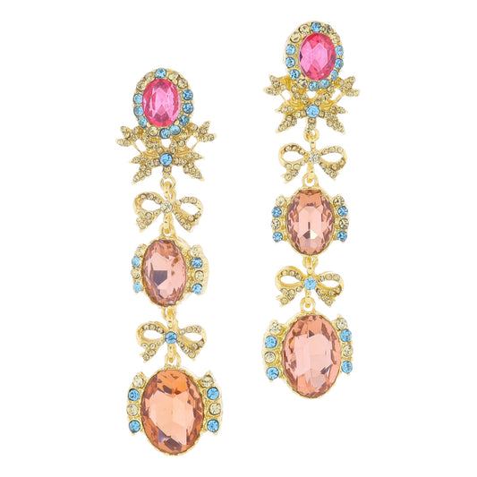 Coral Pink & Peachy Champagne Oval Crystals with Gold Detailing with Aqua & Gold Crystals Earrings