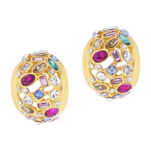 Wide Gold with Multi Crystal Embelishment and Cutouts Earrings