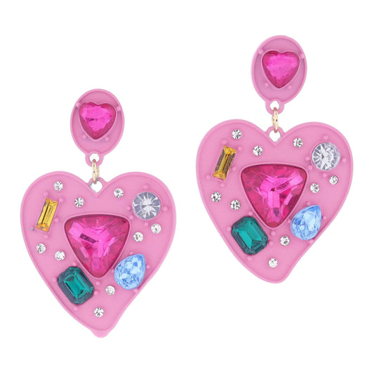 Pink Dipped Post and Heart with Multi Crystal Embellishments Earrings