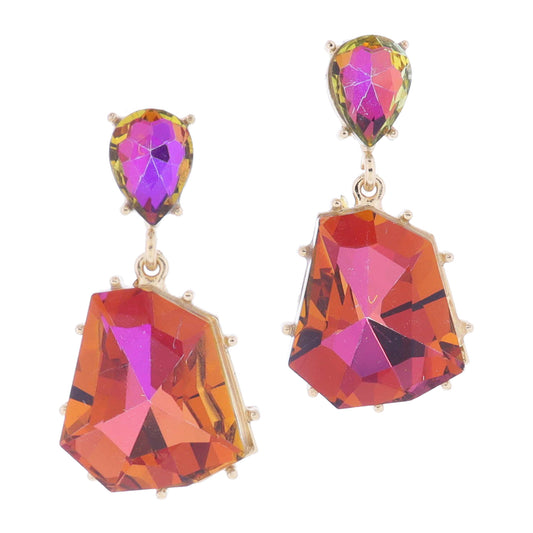 Warm Color Shift Teardrop Crystal Post with Warm Color Shift Organic Trapezoid Crystal Earrings
