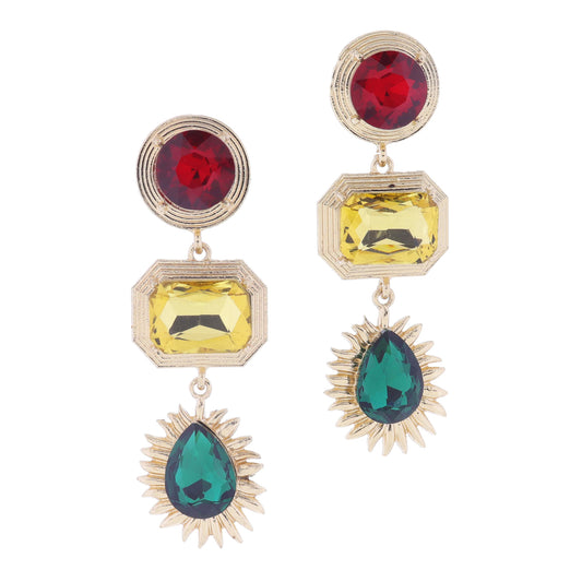 Red Circle & Yellow Rectangle Crystals with Gold Bezel & Green Crystal with Spikes Earrings