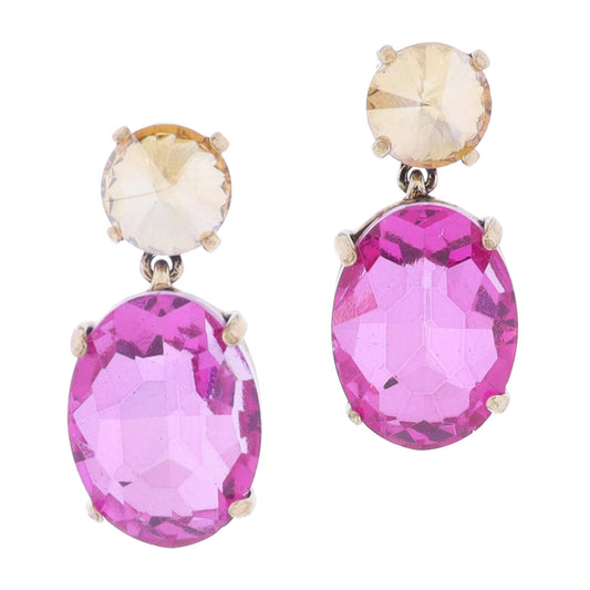 Champagne Crystal Post with Large Pink Oval Crystal Dangle Earrings