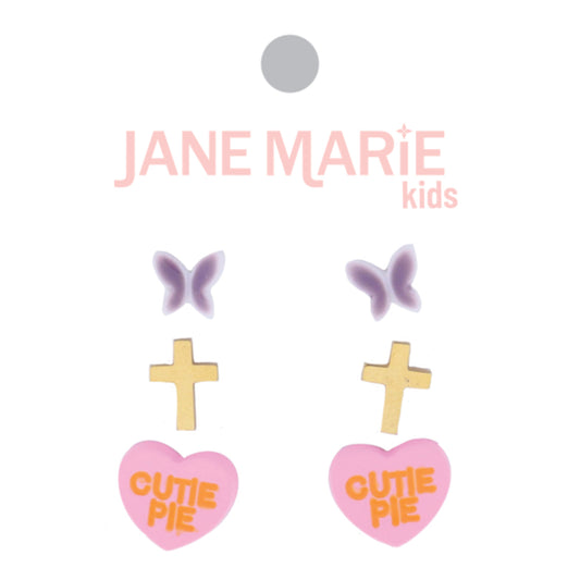 Kids Set of 3, Butterfly, Gold Cross, Pink Heart with "CUTIE PIE" Earrings