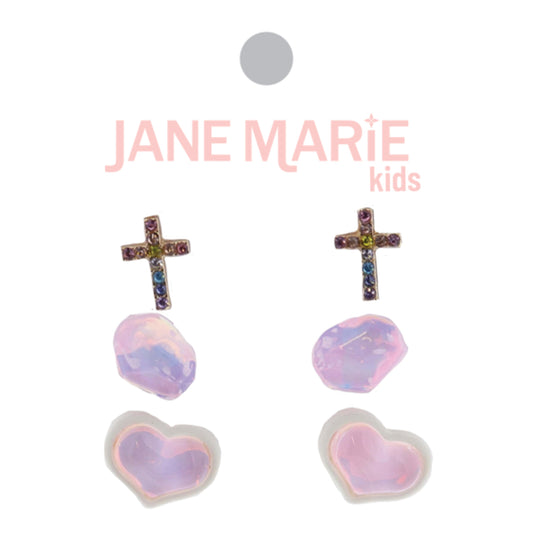 Kids Set of 3, Crystal Cross, Pink AB Freeform Shape, Pink AB Heart Earrings