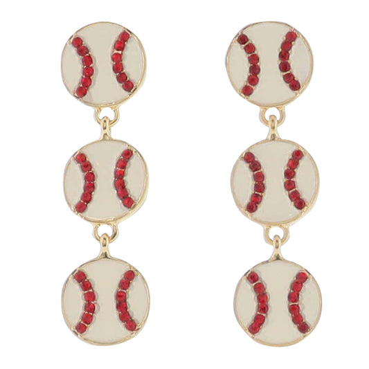 3 Enamel Baseballs with Red Crystal Earring