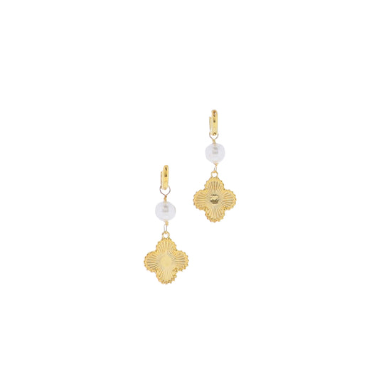 18K Gold Huggie with Pearl & Gold Quatrefoil Earring