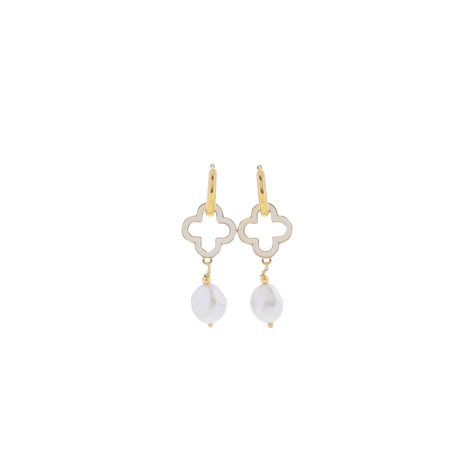 18K Gold Plated Huggie with White Enamel Quatrefoil & Pearl Drop Earring