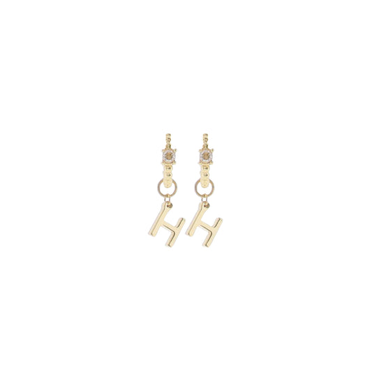 18K Gold Plated Ball Huggie Earring with Clear Crystal Initial "H"