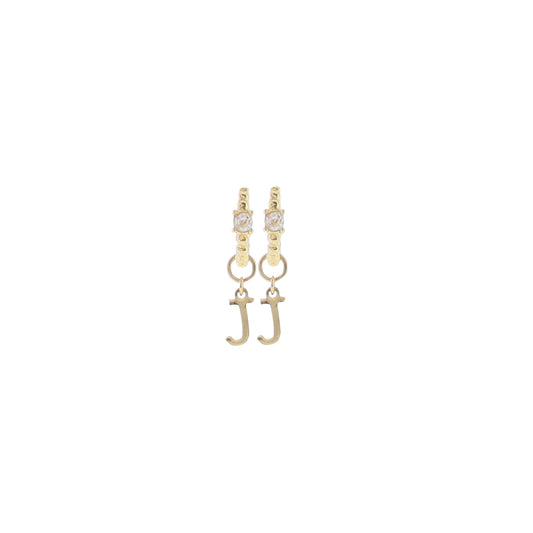 18K Gold Plated Ball Huggie Earring with Clear Crystal Initial "J"