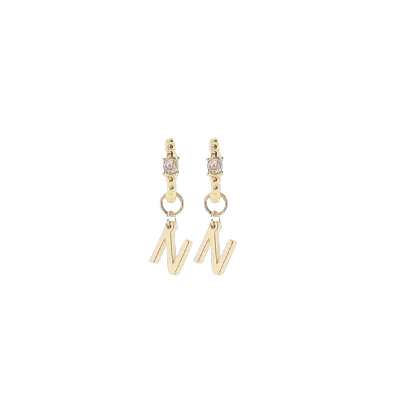 18K Gold Plated Ball Huggie Earring with Clear Crystal Initial "N"