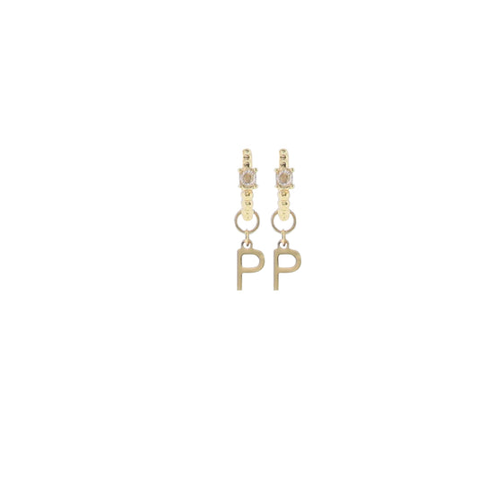 18K Gold Plated Ball Huggie Earring with Clear Crystal Initial "P"