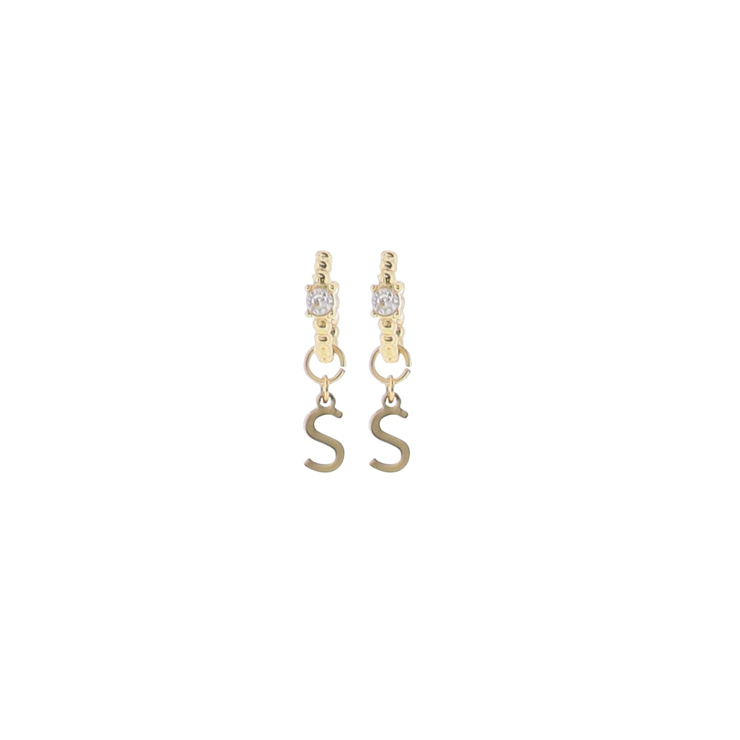18K Gold Plated Ball Huggie Earring with Clear Crystal Initial "S"