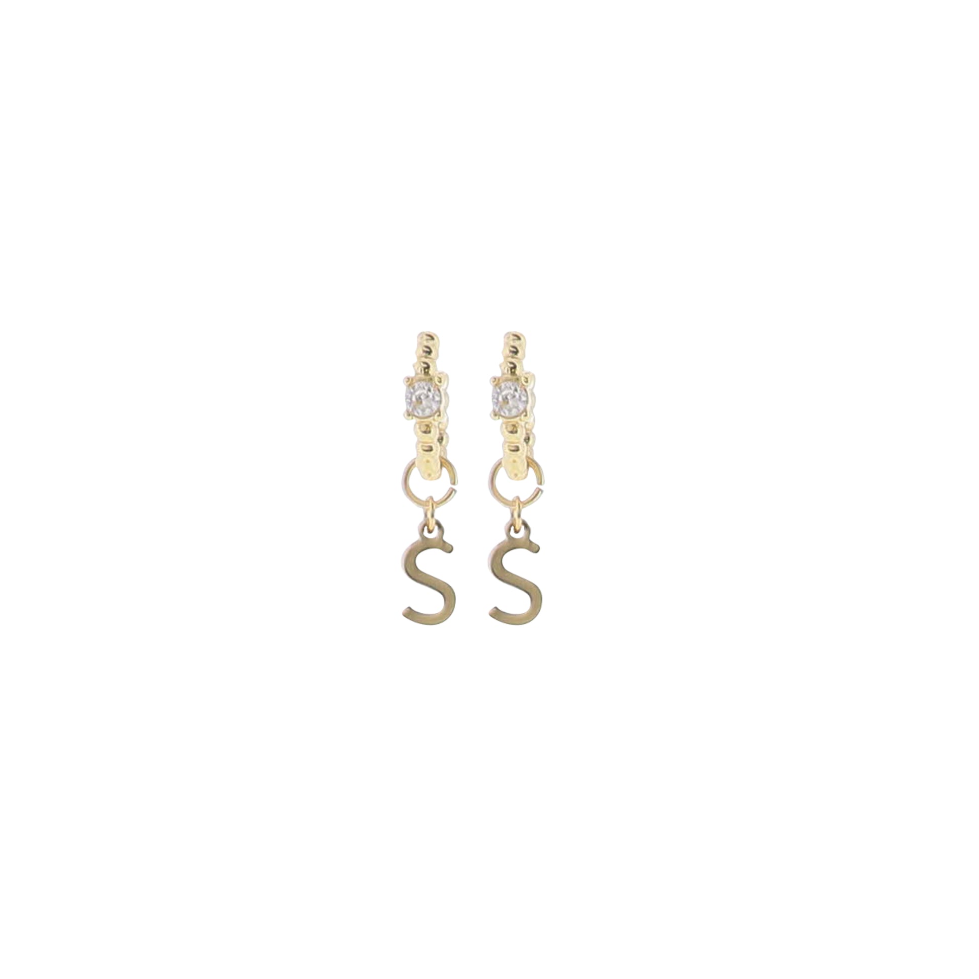 18K Gold Plated Ball Huggie Earring with Clear Crystal Initial "S"