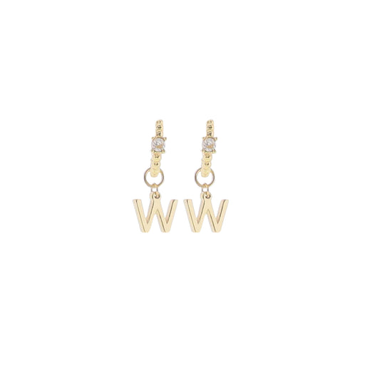 18K Gold Plated Ball Huggie Earring with Clear Crystal Initial "W"