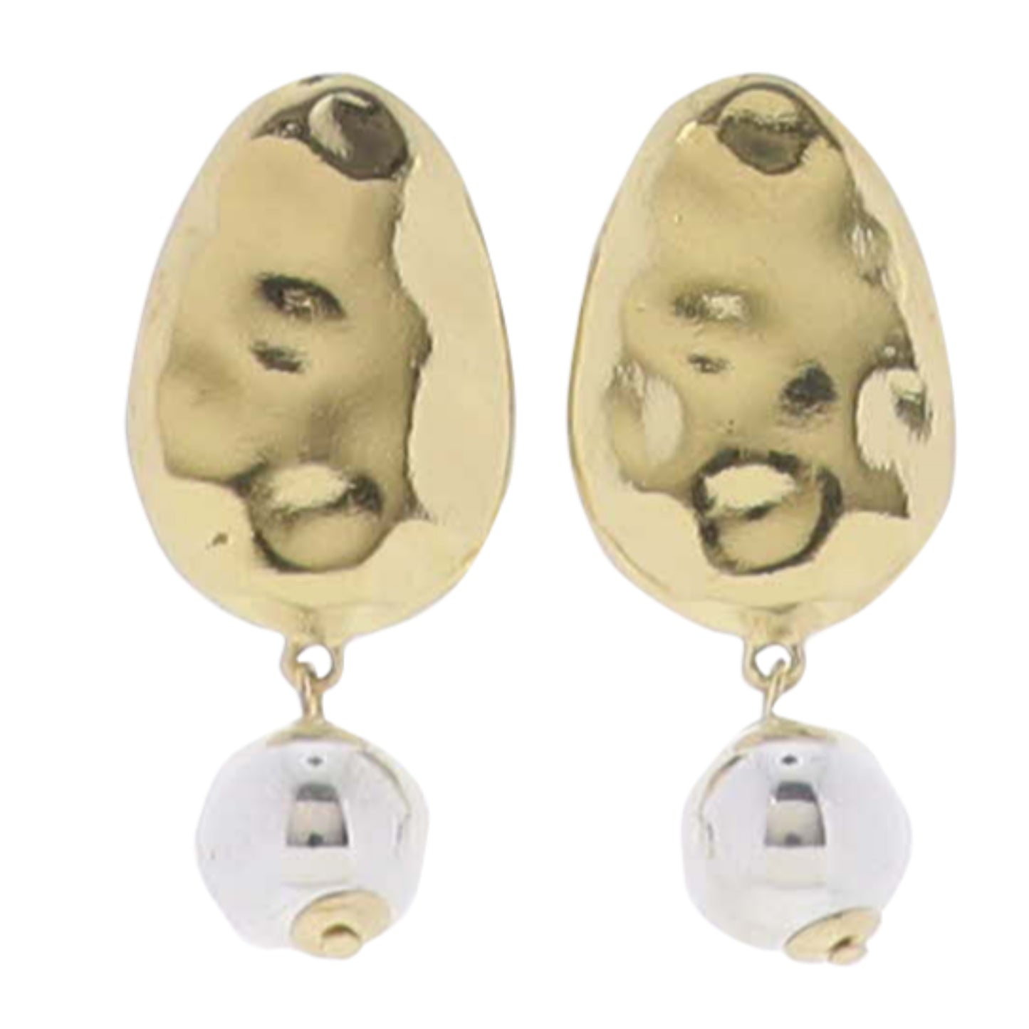 Gold Hammered Oval with Silver Ball Earring