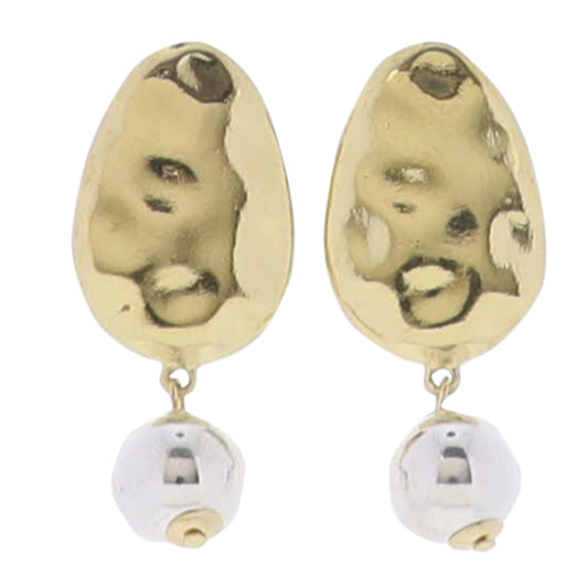 Gold Hammered Oval with Silver Ball Earring