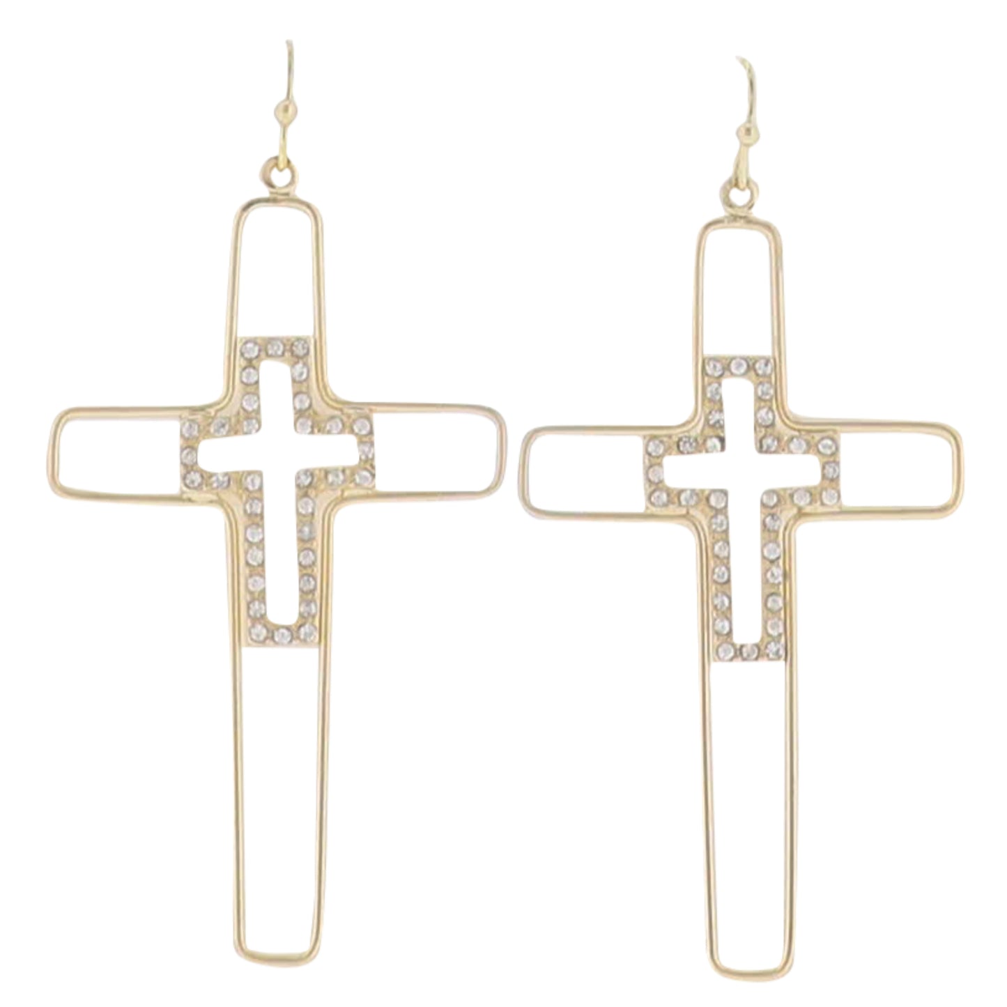 Gold Wire Cross with Clear Crystal Cross Inside Earring