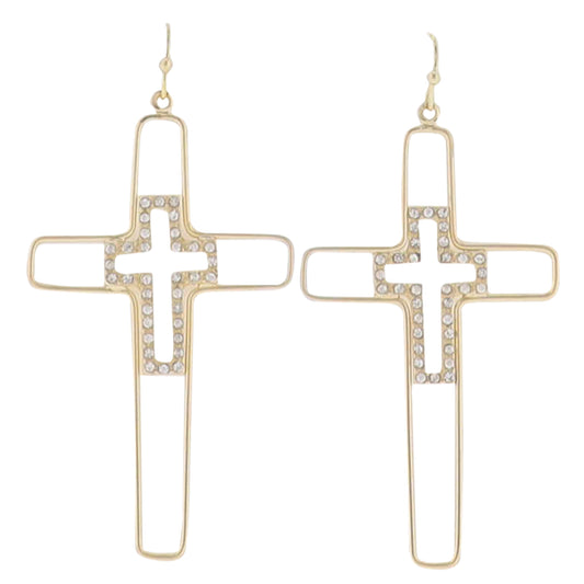 Gold Wire Cross with Clear Crystal Cross Inside Earring
