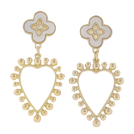 Gold Ball Studded Open Heart with White Enamel Quatrefoil Earring