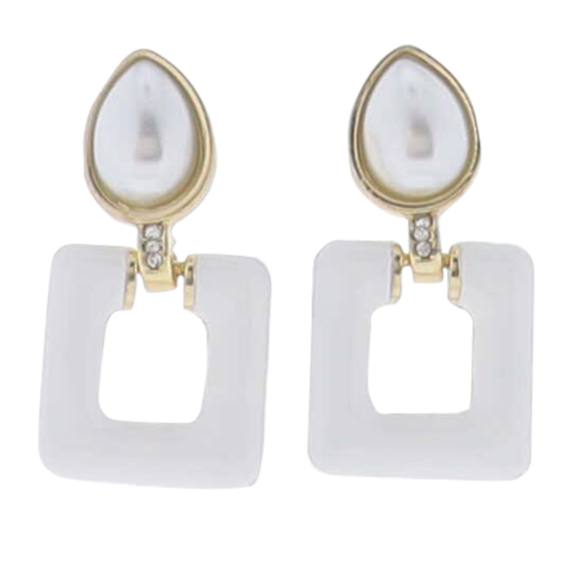 White Enamel Open Square with White Pearl Teardop & Crystal Connector Earring