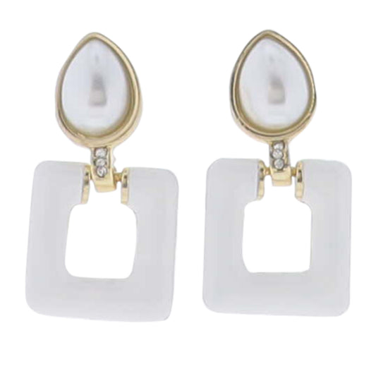 White Enamel Open Square with White Pearl Teardop & Crystal Connector Earring