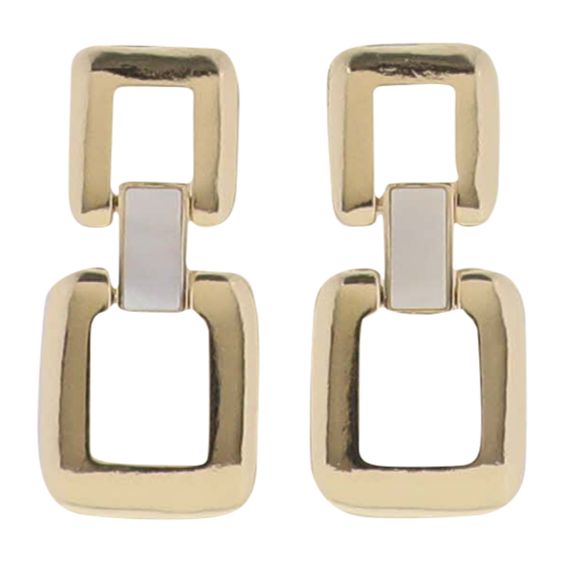 Gold Open Squares Connected By White Shell Rectangle Earring