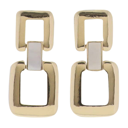 Gold Open Squares Connected By White Shell Rectangle Earring