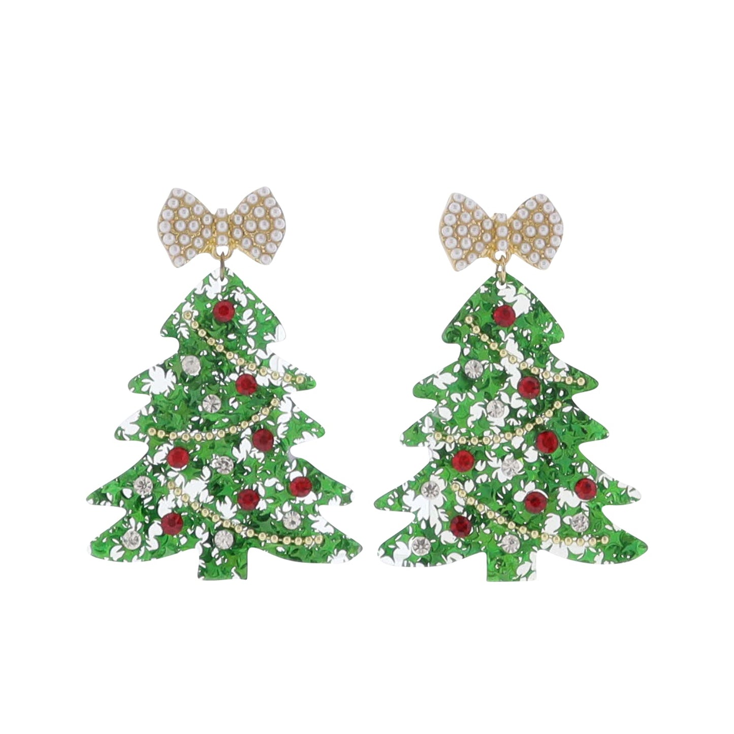 Christmas tree earrings with bow tops on a white background