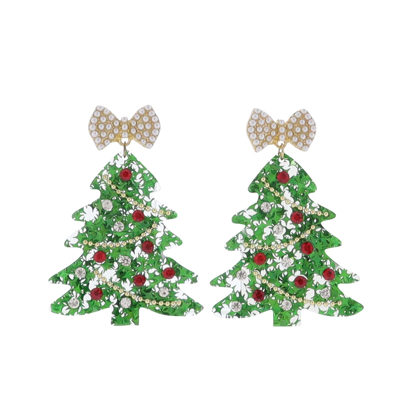 Christmas tree earrings with bow tops on a white background