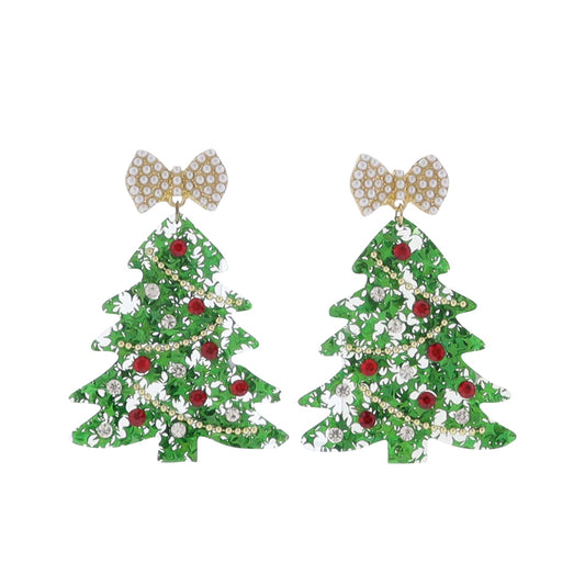 Christmas tree earrings with bow tops on a white background